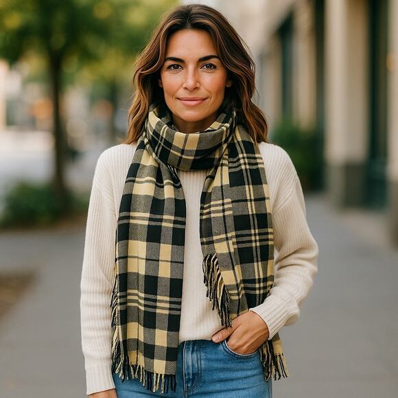 Lucky Brand Plaid Scarf Wrap Tarton Blanket Winter Soft Minimalist Fringe Preppy - Picture 1 of 6